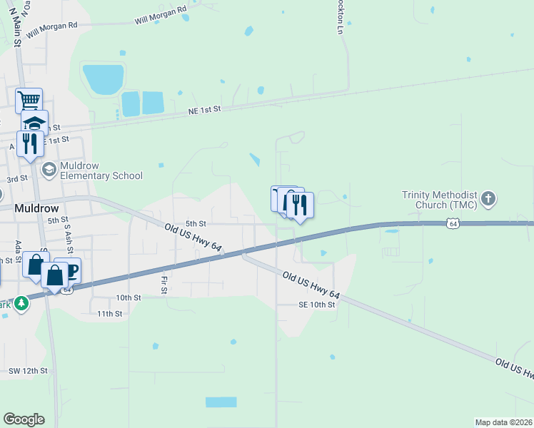 map of restaurants, bars, coffee shops, grocery stores, and more near 900 5th Street in Muldrow