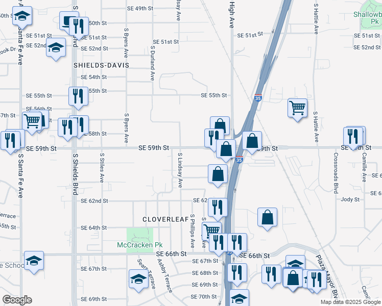 map of restaurants, bars, coffee shops, grocery stores, and more near 700 Southeast 59th Street in Oklahoma City