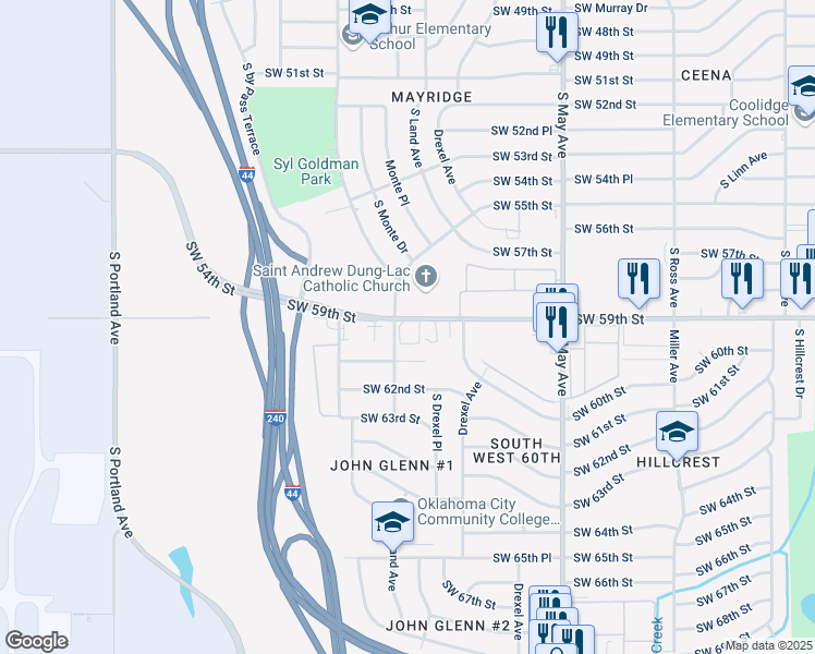 map of restaurants, bars, coffee shops, grocery stores, and more near 3140 Southwest 59th Street in Oklahoma City