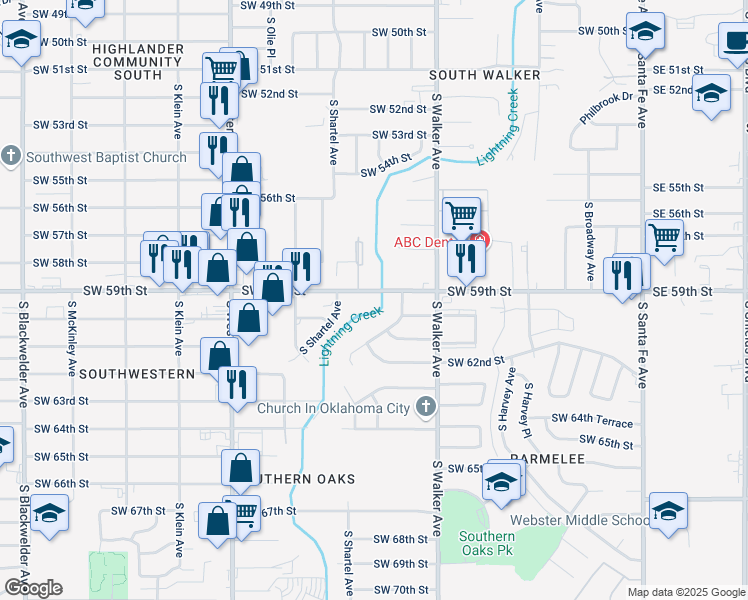 map of restaurants, bars, coffee shops, grocery stores, and more near 608 Southwest 59th Street in Oklahoma City