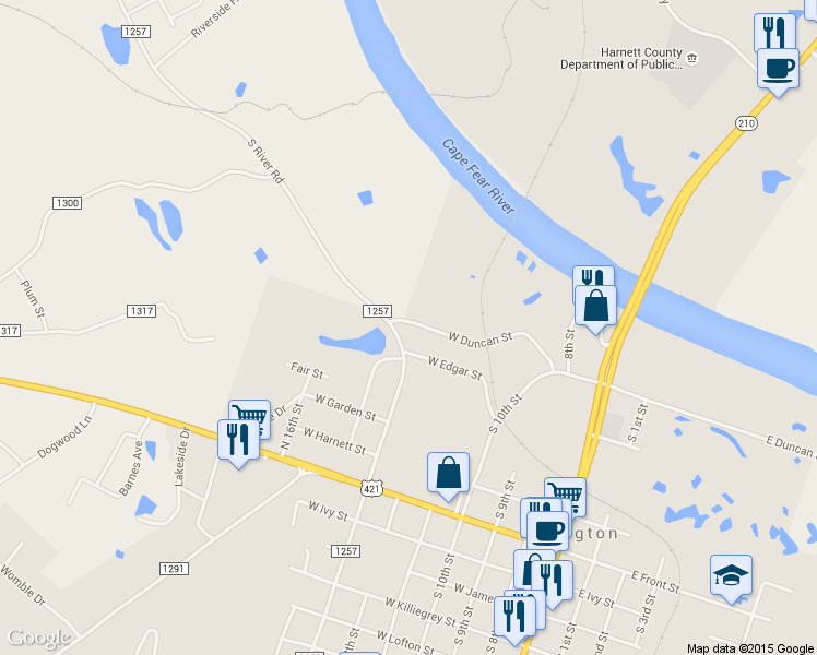 map of restaurants, bars, coffee shops, grocery stores, and more near 601 West Duncan Street in Lillington