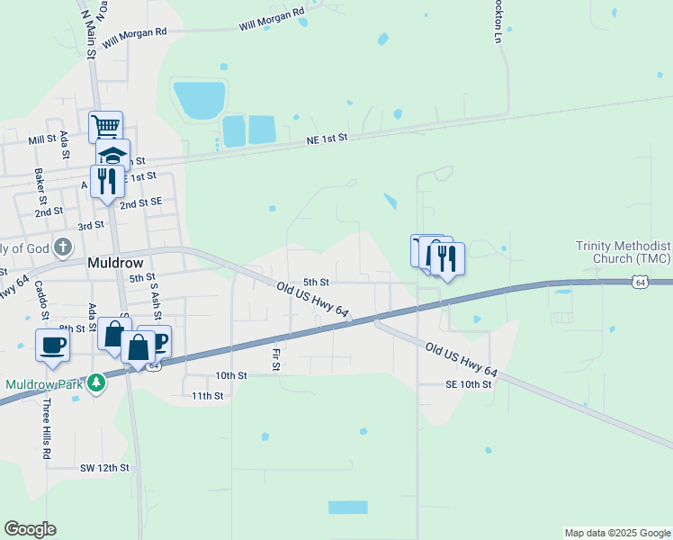 map of restaurants, bars, coffee shops, grocery stores, and more near Juniper Lane in Muldrow