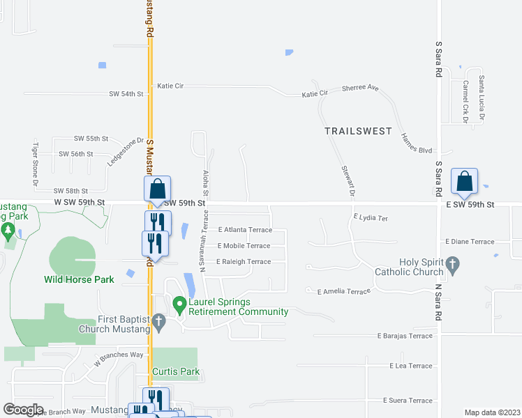 map of restaurants, bars, coffee shops, grocery stores, and more near 405 East Georgia Terrace in Mustang