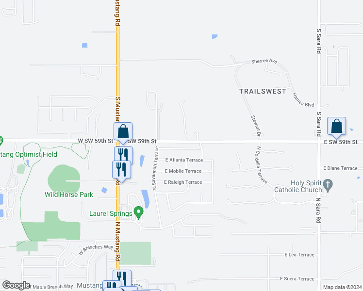 map of restaurants, bars, coffee shops, grocery stores, and more near 321 East Georgia Terrace in Mustang