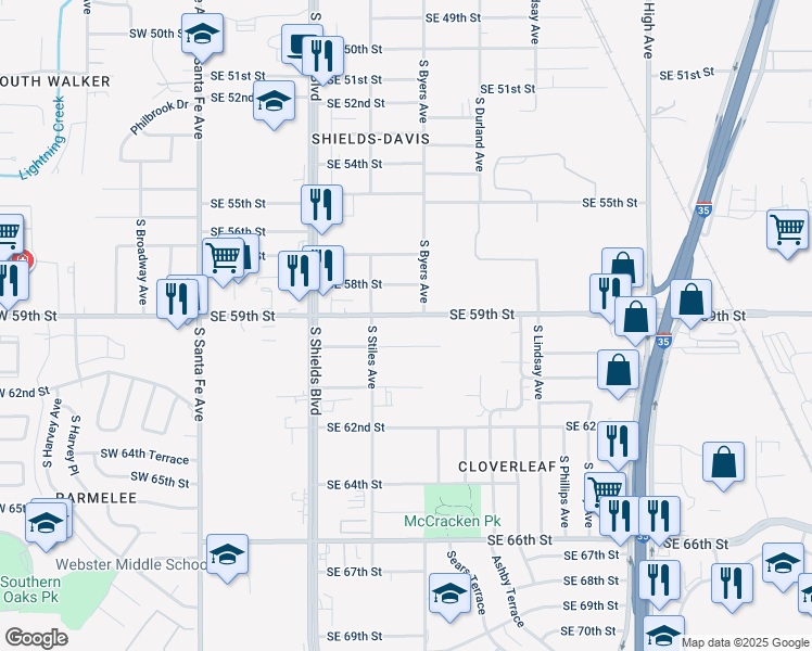 map of restaurants, bars, coffee shops, grocery stores, and more near 326 Southeast 59th Street in Oklahoma City