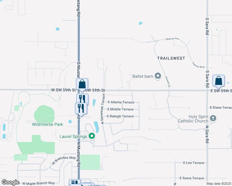 map of restaurants, bars, coffee shops, grocery stores, and more near 313 East Georgia Terrace in Mustang