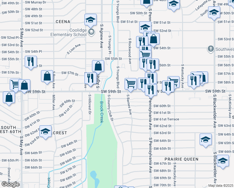 map of restaurants, bars, coffee shops, grocery stores, and more near 2228 Southwest 59th Street in Oklahoma City