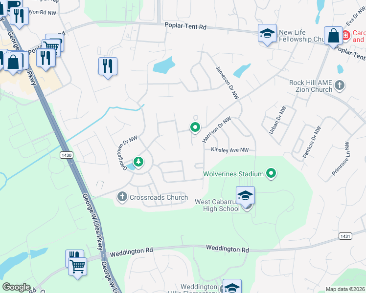 map of restaurants, bars, coffee shops, grocery stores, and more near 533 Montgrove Place Northwest in Concord