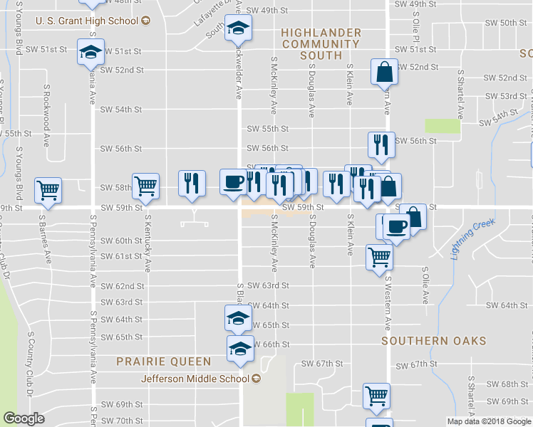 map of restaurants, bars, coffee shops, grocery stores, and more near 1208 Southwest 59th Street in Oklahoma City