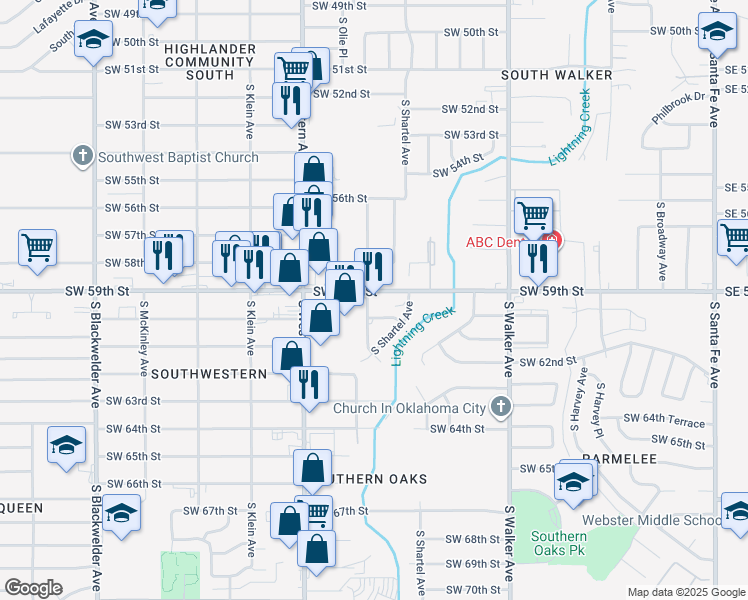 map of restaurants, bars, coffee shops, grocery stores, and more near 6000 South Francis Avenue in Oklahoma City
