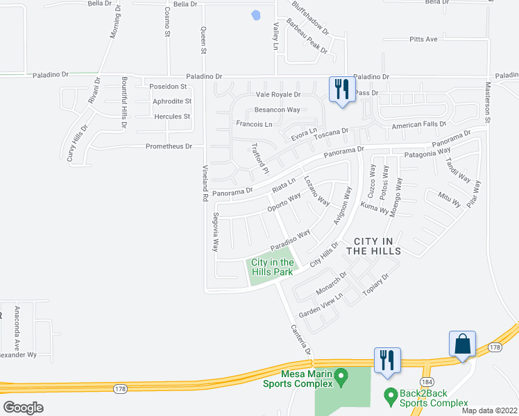 map of restaurants, bars, coffee shops, grocery stores, and more near 10000 Oporto Way in Bakersfield