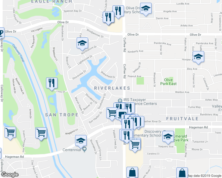 map of restaurants, bars, coffee shops, grocery stores, and more near 8224 Whitewater Drive in Bakersfield