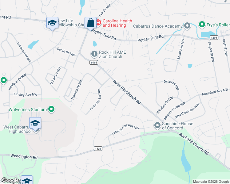 map of restaurants, bars, coffee shops, grocery stores, and more near 3358 Chadbury Drive Northwest in Concord