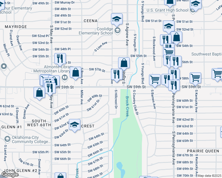 map of restaurants, bars, coffee shops, grocery stores, and more near 6000 South Villa Avenue in Oklahoma City
