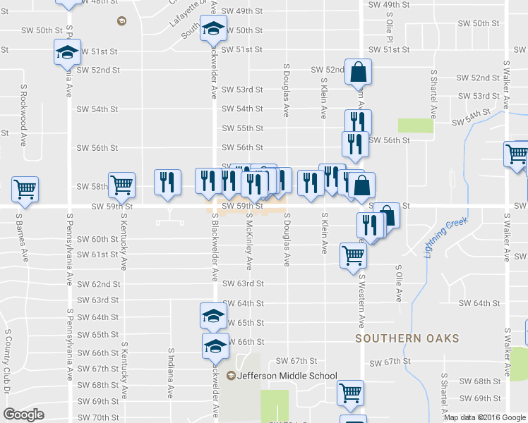 map of restaurants, bars, coffee shops, grocery stores, and more near 1124 Southwest 59th Street in Oklahoma City