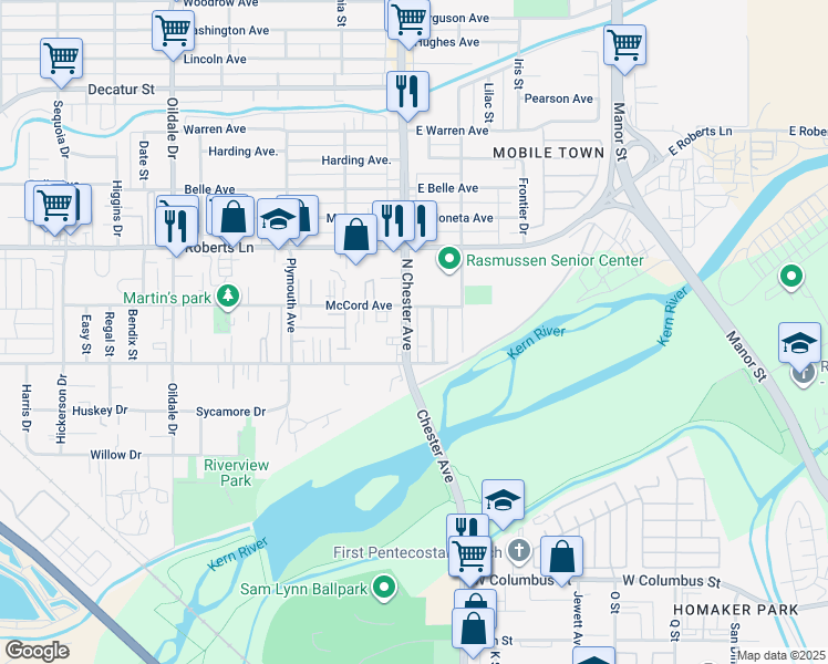 map of restaurants, bars, coffee shops, grocery stores, and more near 126 North Chester Avenue in Bakersfield