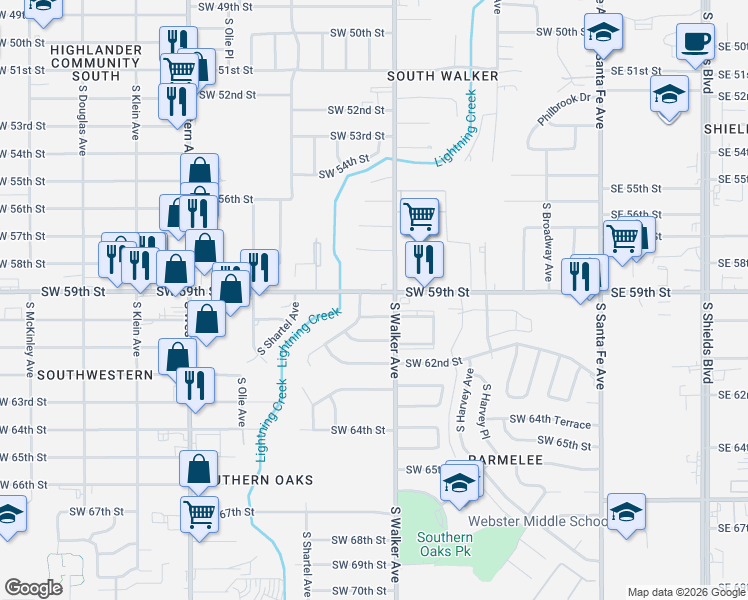 map of restaurants, bars, coffee shops, grocery stores, and more near 512 Southwest 59th Street in Oklahoma City