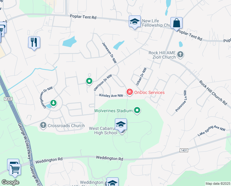 map of restaurants, bars, coffee shops, grocery stores, and more near 2669 Kinsley Avenue Northwest in Concord