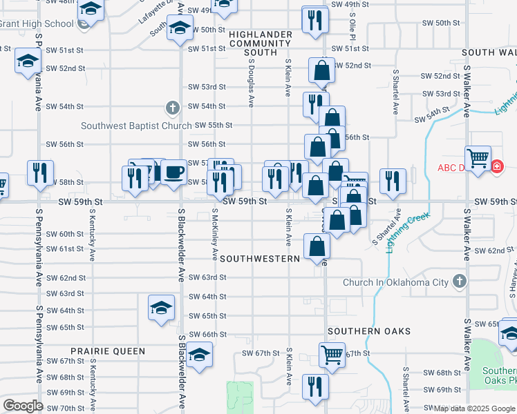 map of restaurants, bars, coffee shops, grocery stores, and more near 1046 Southwest 59th Street in Oklahoma City