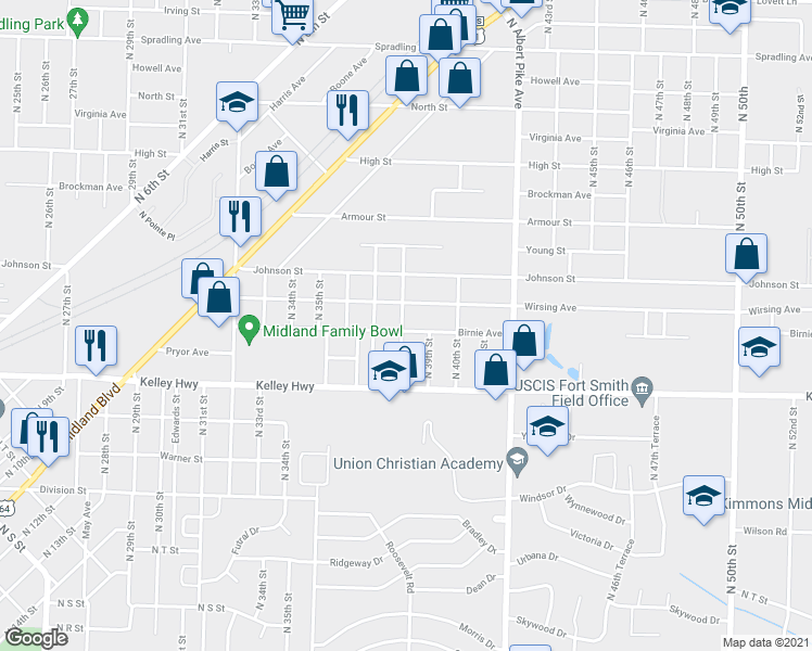 map of restaurants, bars, coffee shops, grocery stores, and more near 3801 Birnie Avenue in Fort Smith