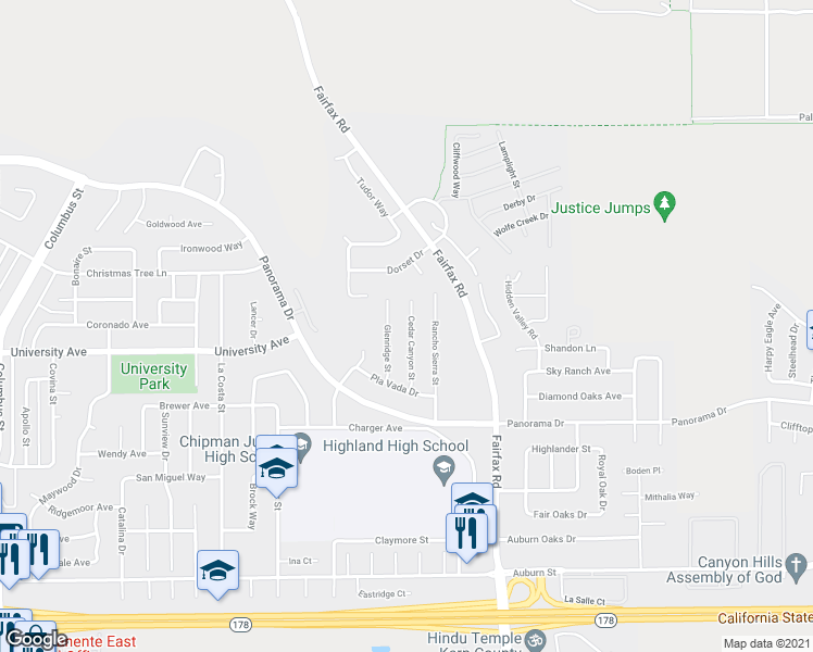 map of restaurants, bars, coffee shops, grocery stores, and more near 3516 Cedar Canyon Street in Bakersfield