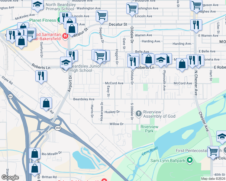 map of restaurants, bars, coffee shops, grocery stores, and more near 121 Regal Street in Bakersfield