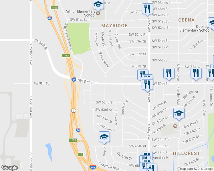 map of restaurants, bars, coffee shops, grocery stores, and more near 3140 Southwest 59th Street in Oklahoma City