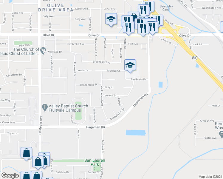 map of restaurants, bars, coffee shops, grocery stores, and more near 5513 Sicily Court in Bakersfield
