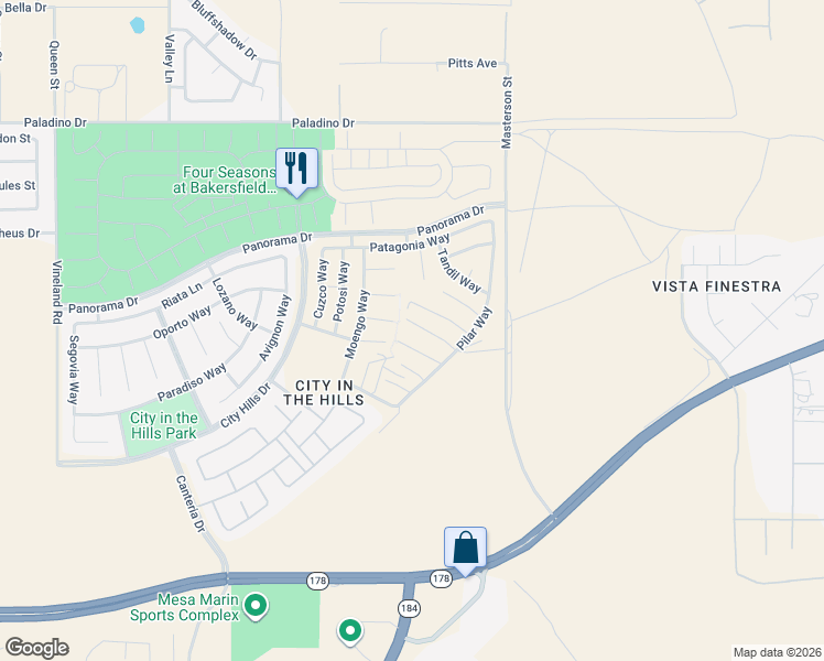 map of restaurants, bars, coffee shops, grocery stores, and more near 10911 Paysanou Way in Bakersfield