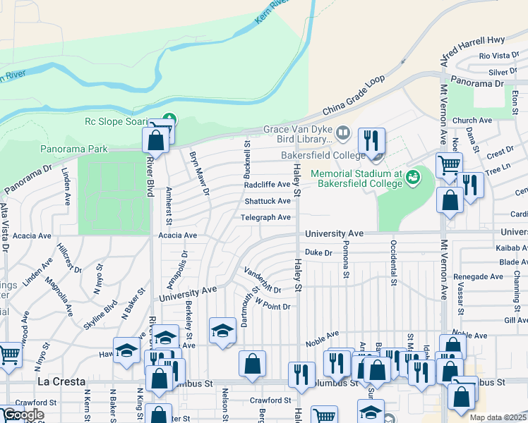 map of restaurants, bars, coffee shops, grocery stores, and more near 1300 Telegraph Avenue in Bakersfield