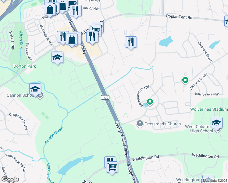 map of restaurants, bars, coffee shops, grocery stores, and more near 308 Laurel Bay Street Northwest in Concord