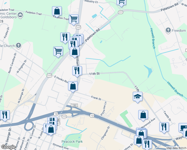 map of restaurants, bars, coffee shops, grocery stores, and more near 516 East 11th Street in Goldsboro