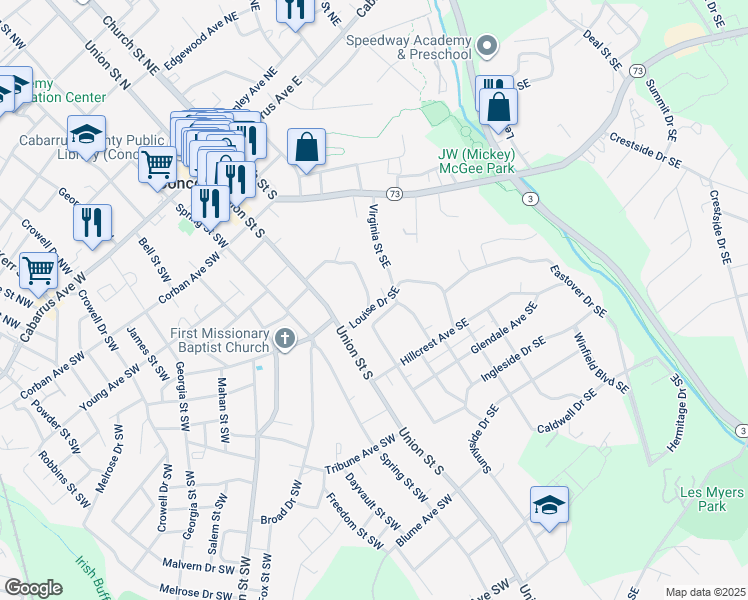 map of restaurants, bars, coffee shops, grocery stores, and more near 45 Louise Drive Southeast in Concord