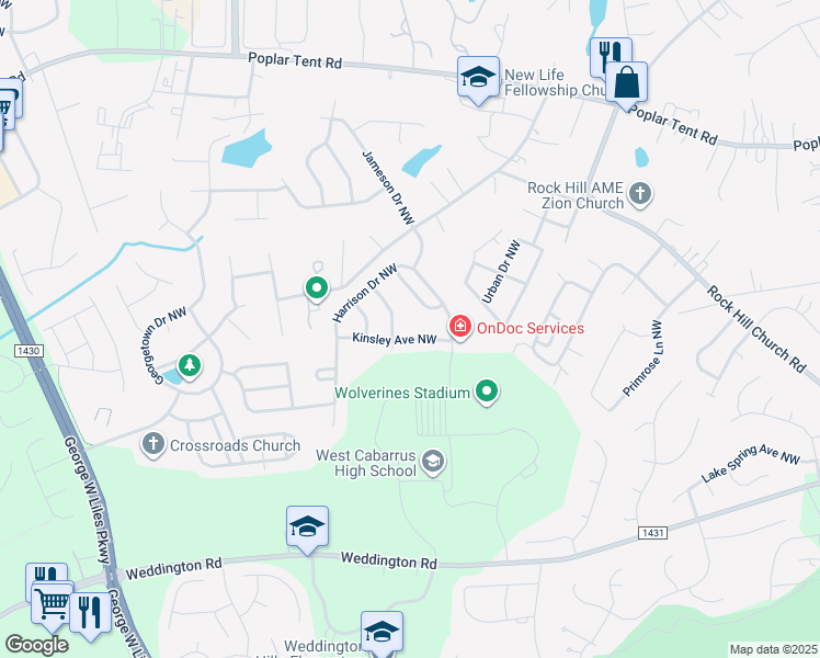 map of restaurants, bars, coffee shops, grocery stores, and more near 2669 Kinsley Avenue Northwest in Concord