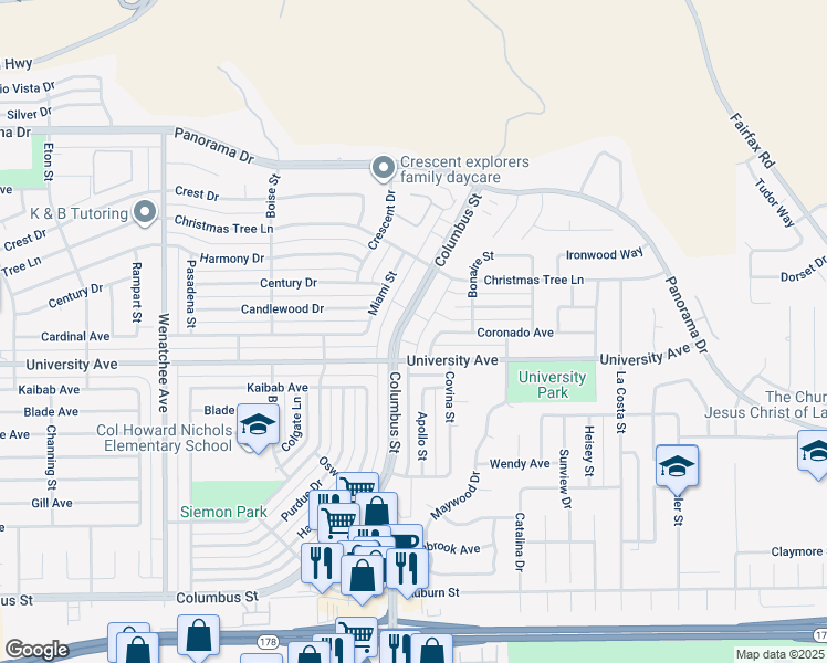 map of restaurants, bars, coffee shops, grocery stores, and more near 3512 Arcadia Street in Bakersfield