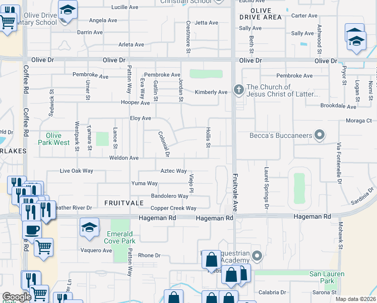 map of restaurants, bars, coffee shops, grocery stores, and more near 5107 Tucker Street in Bakersfield