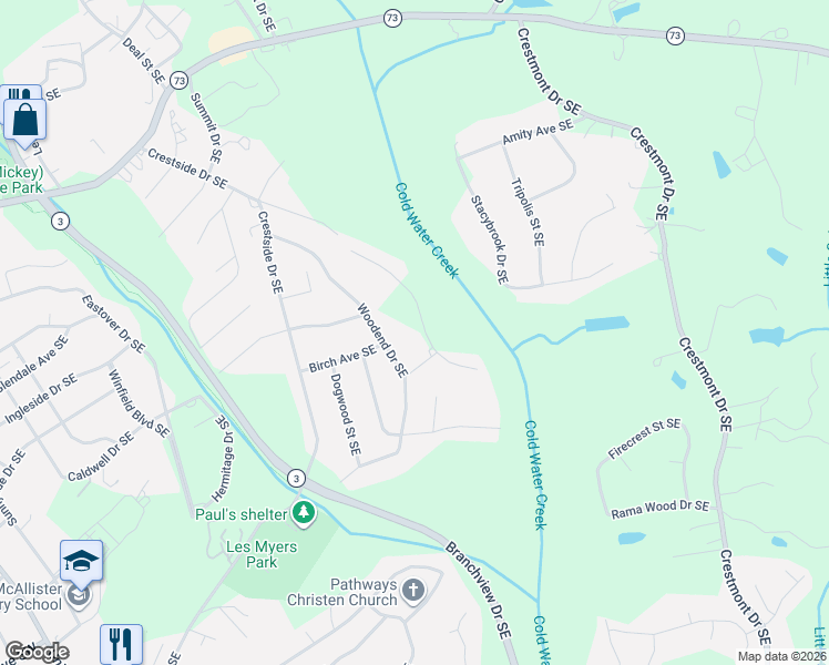 map of restaurants, bars, coffee shops, grocery stores, and more near 469 Countrywood Place Southeast in Concord