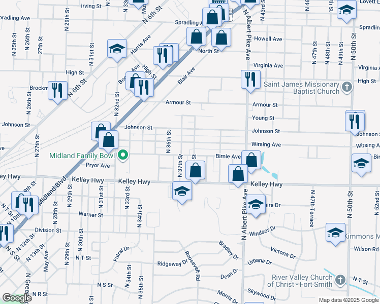 map of restaurants, bars, coffee shops, grocery stores, and more near 3801 Birnie Avenue in Fort Smith
