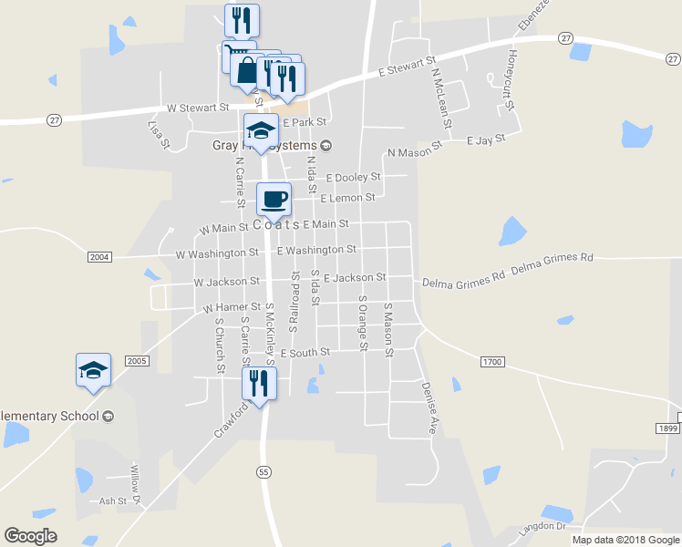 map of restaurants, bars, coffee shops, grocery stores, and more near 133 South Isabella Street in Coats