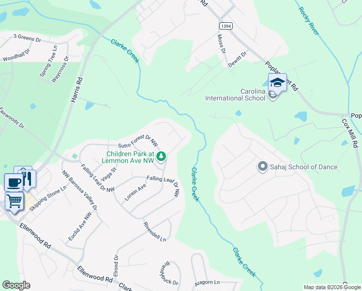 map of restaurants, bars, coffee shops, grocery stores, and more near 10308 Shrader Street Northwest in Concord