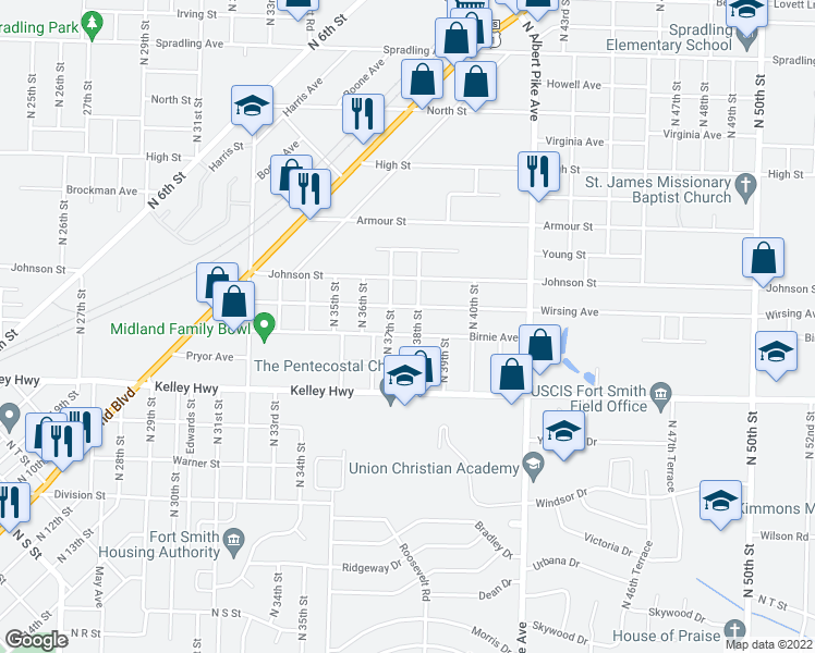map of restaurants, bars, coffee shops, grocery stores, and more near 3711 Birnie Avenue in Fort Smith