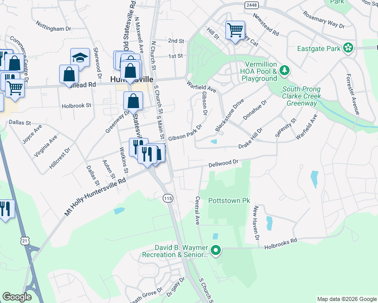 map of restaurants, bars, coffee shops, grocery stores, and more near in Huntersville