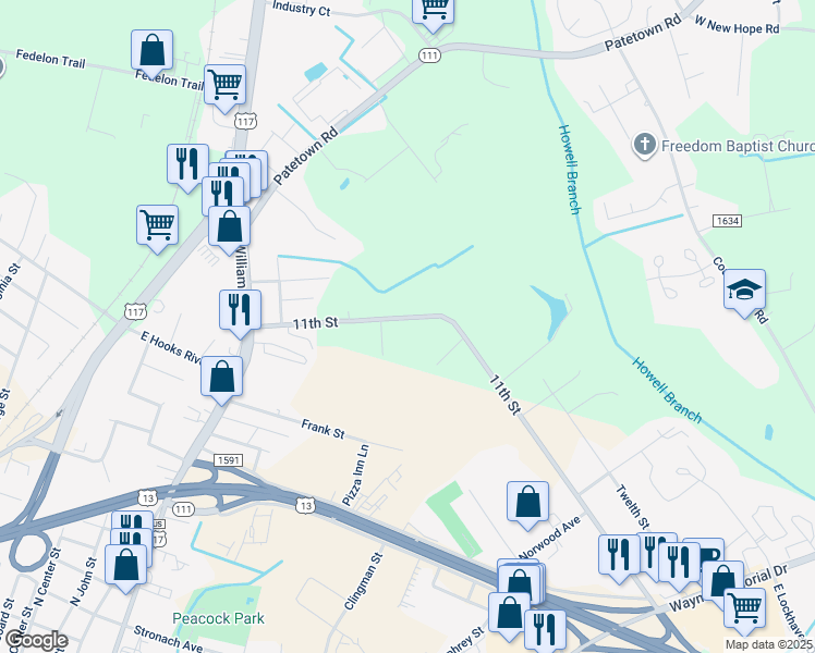 map of restaurants, bars, coffee shops, grocery stores, and more near 704 11th Street in Goldsboro
