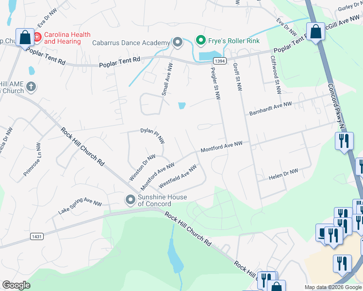 map of restaurants, bars, coffee shops, grocery stores, and more near 379 Wakemeadow Place Northwest in Concord