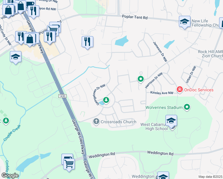 map of restaurants, bars, coffee shops, grocery stores, and more near 2537 Bellingham Drive Northwest in Concord