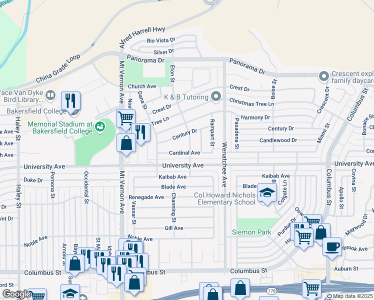 map of restaurants, bars, coffee shops, grocery stores, and more near 3600 Eton Street in Bakersfield