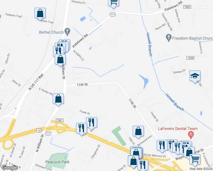 map of restaurants, bars, coffee shops, grocery stores, and more near 704 11th Street in Goldsboro