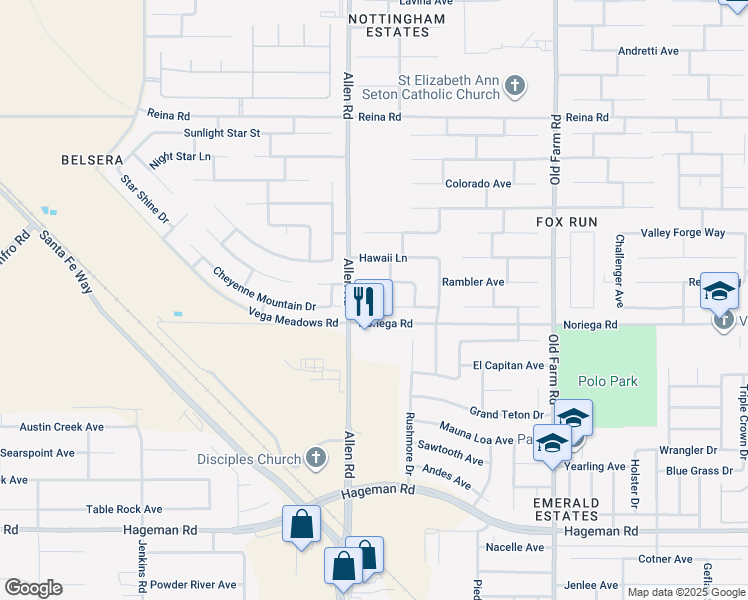 map of restaurants, bars, coffee shops, grocery stores, and more near 12808 Lanai Avenue in Bakersfield