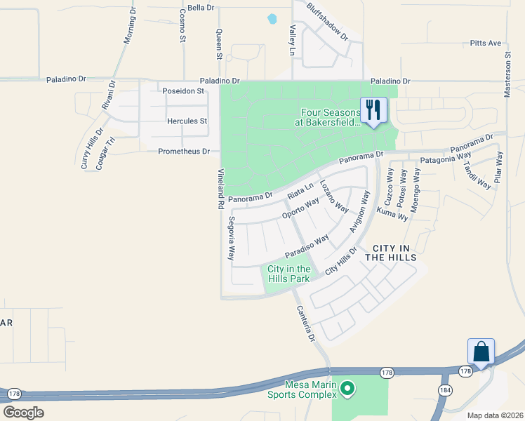 map of restaurants, bars, coffee shops, grocery stores, and more near 10000 Oporto Way in Bakersfield