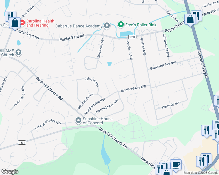 map of restaurants, bars, coffee shops, grocery stores, and more near 379 Wakemeadow Place Northwest in Concord